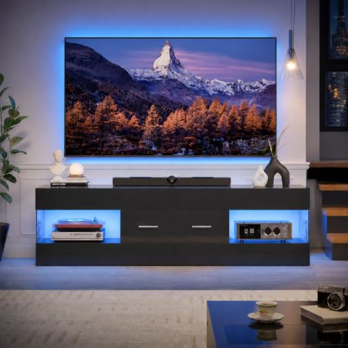 Bestier Black TV Stand for 55/60/65 Inch TV, High Gloss Modern TV Stand with Stone-Patterned Side Panels, LED Entertainment Center with Large Drawer, TV Consoles for Living Room, Bedroom