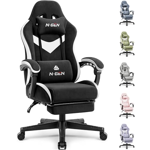 N-GEN GAMING Gaming Chair, Reclining Backrest, Footrest, Fabric, Black