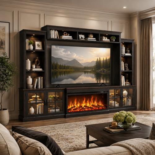 Breezestival Black Farmhouse TV Stand with Fireplace, Entertainment Center, 98" Wall Unit Media Console with Bookshelf, Cabinet & Power Outlets & Barn Doors, Fits TVs Up to 75” for Living Room