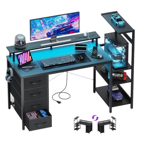 51 Inch Gaming Desk with Drawers & PC Tower Stand & LED Lights, Black