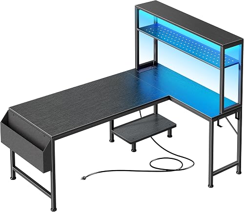 PRAISUN L Shaped Gaming Desk with LED Lights & Power Outlets, Reversib — Our recommended configuration for best results