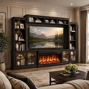 Breezestival Black Farmhouse TV Stand with Fireplace, Entertainment Center, 98" Wall