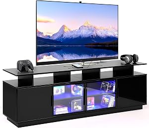 ansefe 70 Inch Black TV Stand for Living Room, LED Entertainment Center for Gaming, Modern