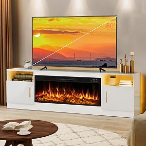 LEMBERI 70" Fireplace TV Stand for TVs up to 80", 36" Electric Fireplace 75