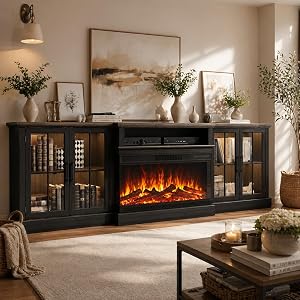 Breezestival Black 98" Farmhouse TV Stand with 36" Fireplace for Living Room,Med