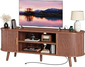 PRAISUN 54 Inch Fluted TV Stand for TVs up to 55 Inch, TV Media Console with Power Outlets