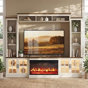 Nordivale 98" Farmhouse Fireplace TV Stand with 36" Electric Fireplace, Wall Med