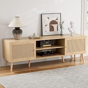 ZttRiee TV Stand for TVs up to 65'', Entertainment Center With Rattan Door, Shelves &