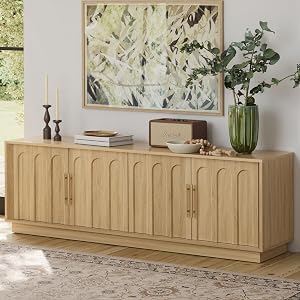 FORTUNETEC TV Stand for 75 Inch TV, Mid Century Modern TV Stand with Arched Design, Wood G