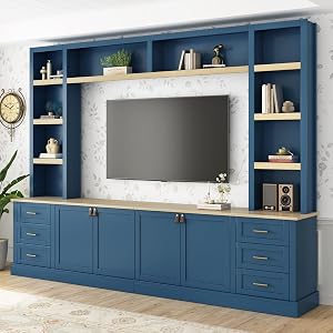 Merax 102.3 Inch Wide Farmhouse Entertainment Center, Rustic TV Stand with 6 Drawers &