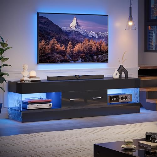Bestier Black TV Stand for 55/60/65 Inch TV, High Gloss Modern TV Stan — Design and materials in detail