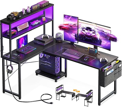 AODK L Shaped Desk Gaming Desk with LED Light & Power Outlet, 53 Inch — Manufacturer product photo — how to set up gaming desk st